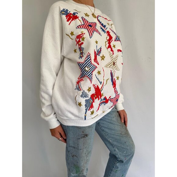 80s vintage embellished abstract star print USA retro graphic pullover sweater - Picture 5 of 7